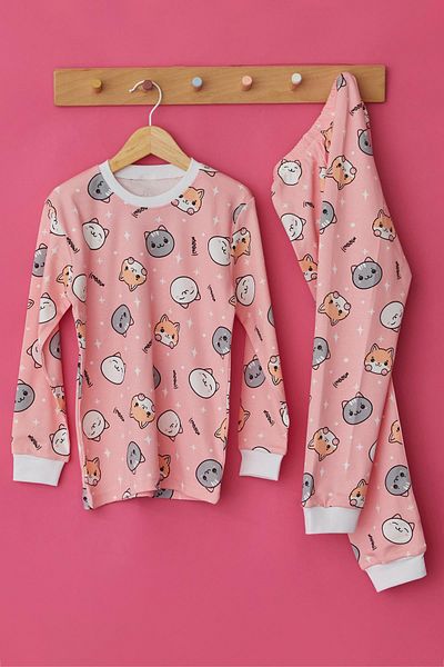 BONY SOCKS Pink Girl's Cat Printed Pajama Set