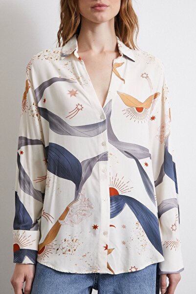 Never more V-Neck Patterned Shirt Ecru