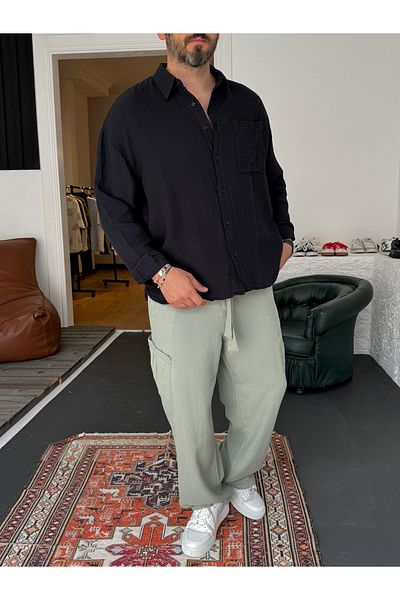 BYBASICMAN Black Muslin Fabric Long Sleeve Shirt G-5186/5468