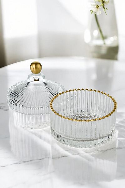 TrendDeco Gold Gilded Glass Sugar Bowl with Lid