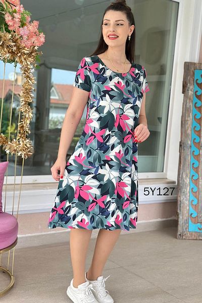 İnce Topuk Crew Neck Patterned Viscose Dress 5Y127