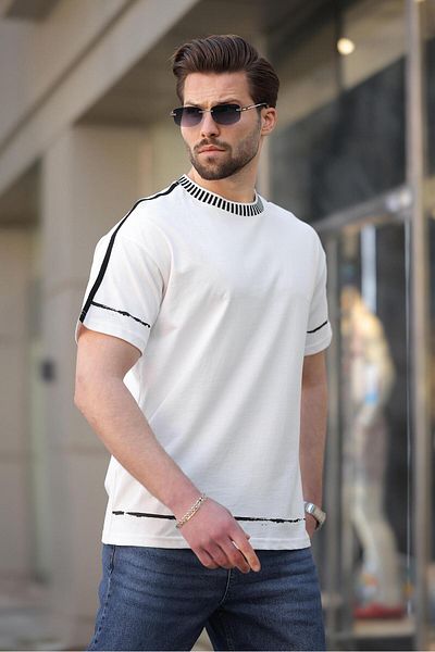 Madmext Tricou de bază pentru bărbați, 100% bumbac, cu decolteu, ecru E7140