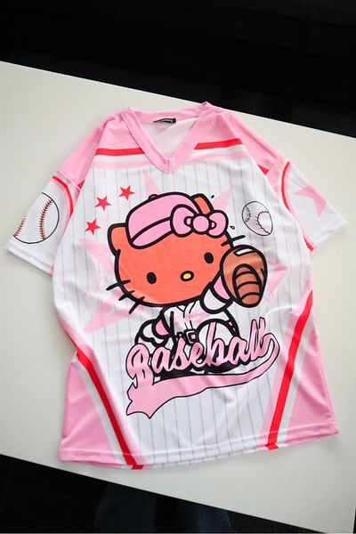 EFBUTİK Μπλουζάκι μπέιζμπολ με ροζ V-λαιμόκοψη Hello Kitty