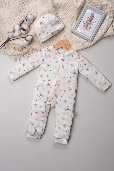 Mai Perla 2 Piece Organic Floral Patterned Baby Girl Romper with Hat and Hidden Zipper