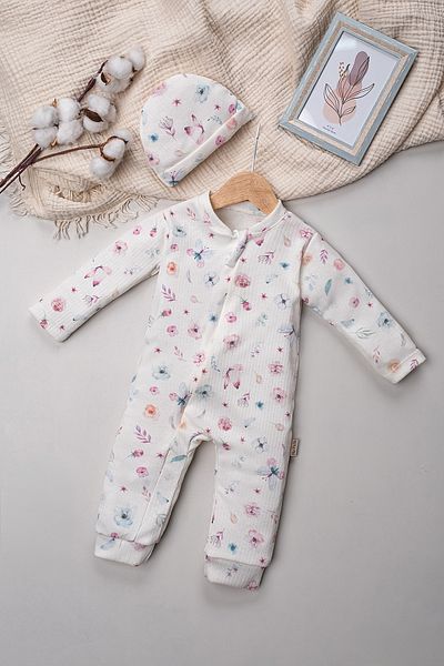 Mai Perla 2 Piece Organic Floral Patterned Baby Girl Romper with Hat and Hidden Zipper