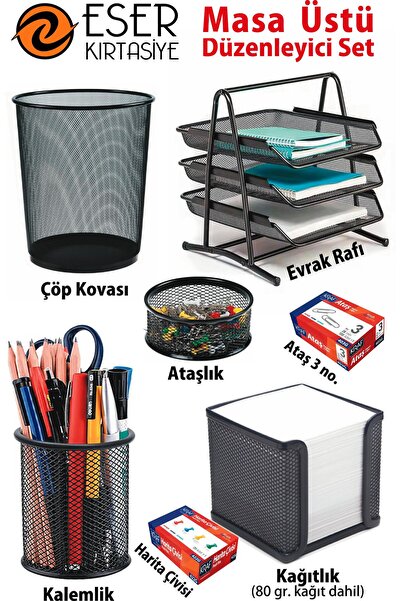 Eser kırtasiye Masa üstü 5'li Ofis Seti Evrak Rafı Çöp Kovası Kalemlik Kağıtl...