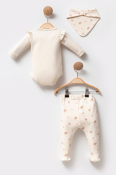 Cassiope Organic Cotton Patterned Long Sleeve Ruffled Body Booties Trousers 3-Piece Baby Girl Set