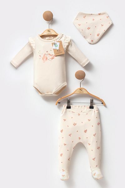 Cassiope Organic Cotton Patterned Long Sleeve Ruffled Body Booties Trousers 3-Piece Baby Girl Set