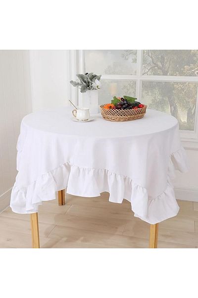 Erba kreasyon White Round Frilly Linen Table Cloth 140 X 140 cm