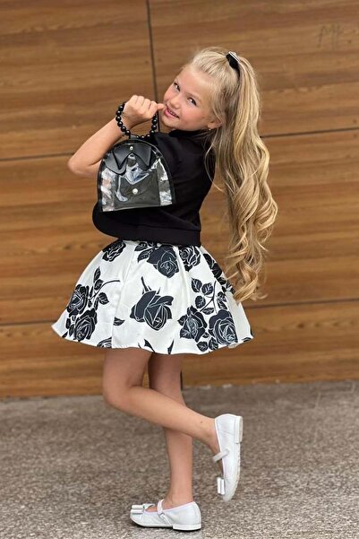 Riccotarz Girl's Sheer Lace Blouse and Strappy Tank Top Black Blazer Jacket Rose Printed Skirt Suit