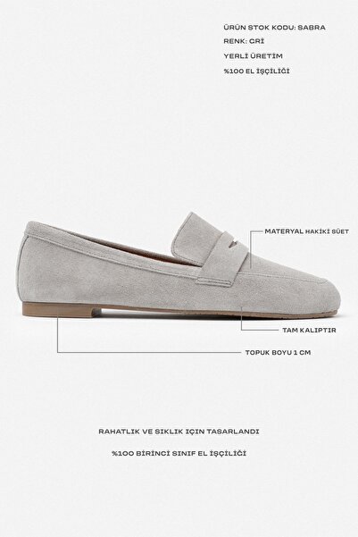 NİŞANTAŞI SHOES Saber Gray Genuine Suede Flat Sole Women's Ballerinas