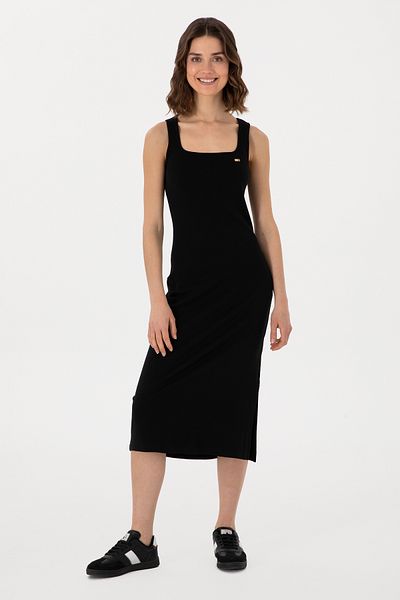 U.S. Polo Assn. Women's Black Slit Sleeveless Square Neck Midi Length Knitted Dress 50305835-Vr046