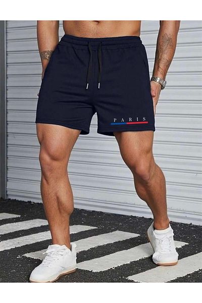 NO 601 Ανδρικό χτενισμένο βαμβακερό σορτς Navy Blue Paris με στάμπα