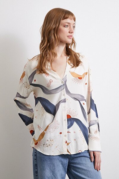 Never more V-Neck Patterned Shirt Ecru