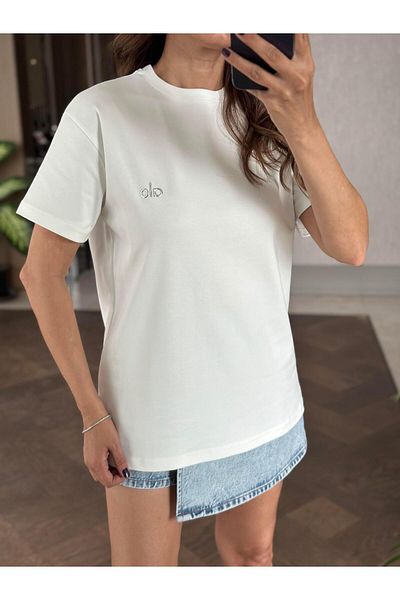Forlady4 تي شيرت نسائي أساسي برقبة دائرية وشعار أبيض