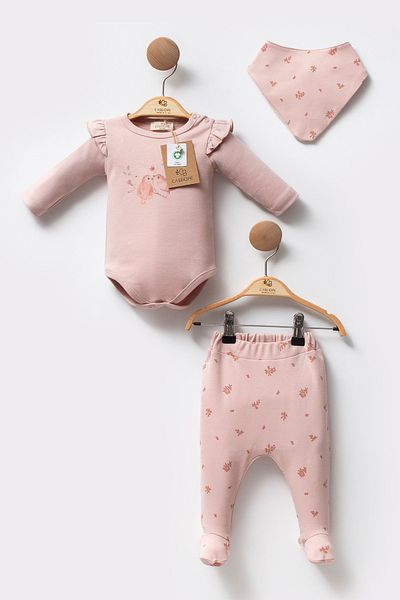 Cassiope Organic Cotton Patterned Long Sleeve Ruffled Body Booties Trousers 3-Piece Baby Girl Set