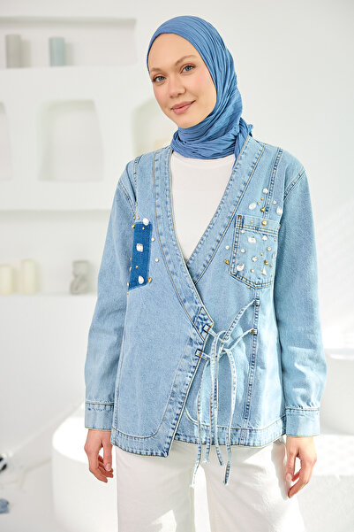 LOCCO Women's Blue Kimono Cot Kimono with Stone Detail