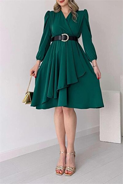 Dipmoda Rochie de damă Dipmoda, verde, din satin, cu detalii volanate, curea ...