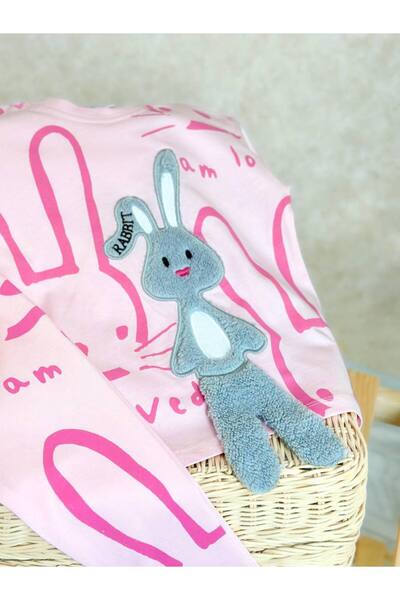 ibeeka Kız Çocuk Peluş 3D Tavşan Nakış Detaylı Tshirt - Tayt Alt Üst Takım Pembe Renk