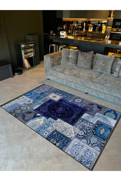 Rugs Modern Halı Kuvars Koleksiyonu Mavi Lacivert Vintage Motifler Desenli Do...