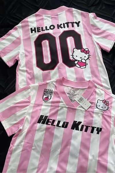 EFBUTİK Μπλουζάκι Hello Kitty με ροζ και λευκό μπλουζάκι με λαιμόκοψη