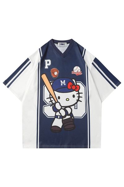 EFBUTİK White Navy Blue V-Neck Hello Kitty Baseball Jersey T-Shirt