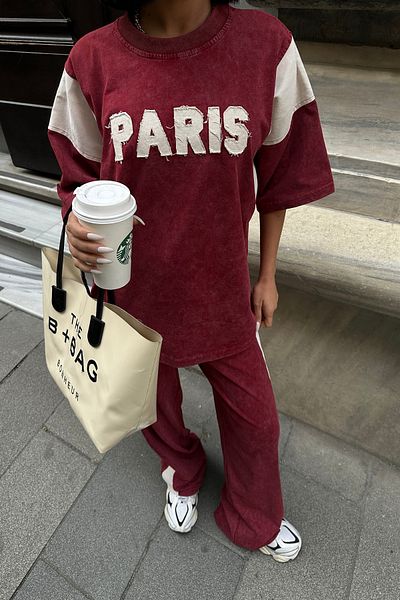 Bliss Γυναικείο σετ φόρμας με κοντό μανίκι Paris με άνετο κάτω μέρος μπορντό