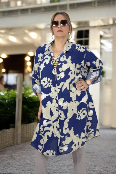 yagmurberen Foldable Sleeve Detail Patterned Front Buttoned Long Sleeve Oversized Tunic Dress