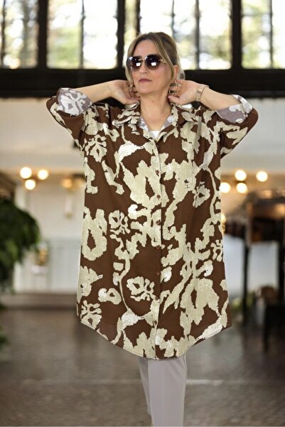 yagmurberen Foldable Sleeve Detail Patterned Front Buttoned Long Sleeve Oversized Tunic Dress
