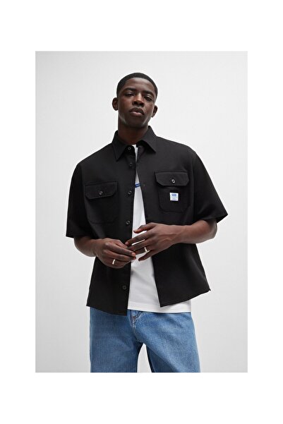 HUGO Logo Yamalı Pamuklu Twill Bol Kesim Gömlek