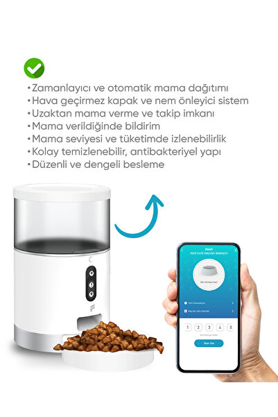 Fonri Kedi Köpek Akıllı Mama Kabı, Otomatik Mama Kabı, Wifi, 4lt, Uzaktan Kontrol, Porsiyon Ayarlı
