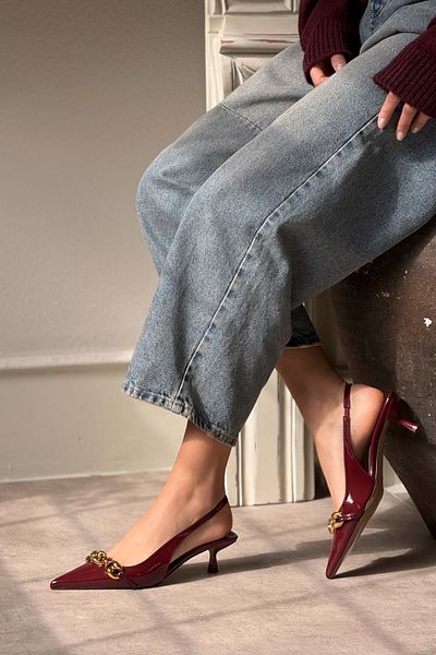 NİŞANTAŞI SHOES Lorina Burgunder Lackleder Accessoire Detail Knöchel elastische Damen Schuhe mit Absatz