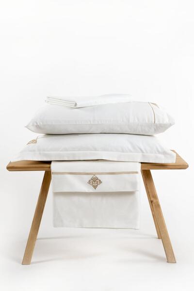 Ecocotton Aden King Size Duvet Cover Set 100% Organic Cotton Satin Embroidered Cream 240x220 Cm