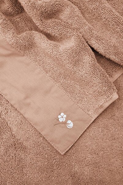 Ecocotton Pure Cotton 2-Piece Hand Face Towel Set 100% Organic Cotton Cloth Bordered Embroidered Brown 50x90 Cm