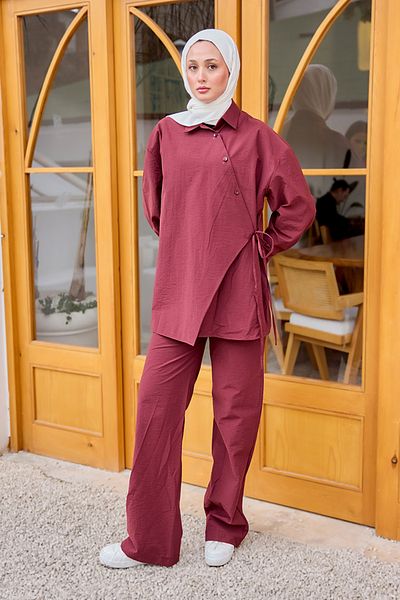 LOCCO Women's Button Detail Side Tie Linen Suit Claret Red