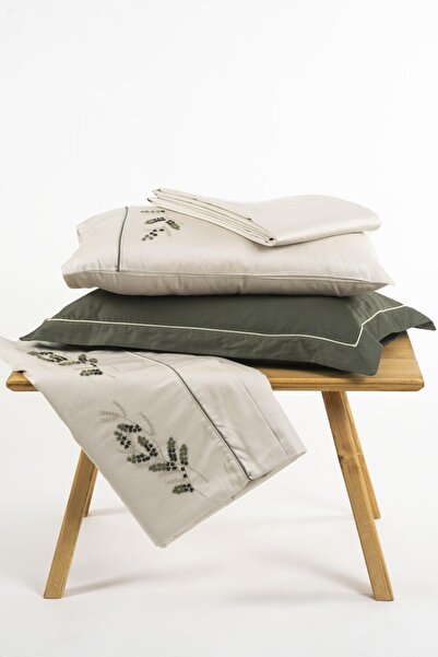 Ecocotton Deep King Size Duvet Cover Set 100% Organic Cotton Satin Hand Embroidered Green 240x220 Cm