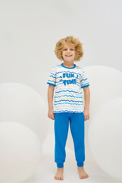 Sevim Boy, Wave Pattern, 100% Cotton, Elastic Leg, Pajama Set
