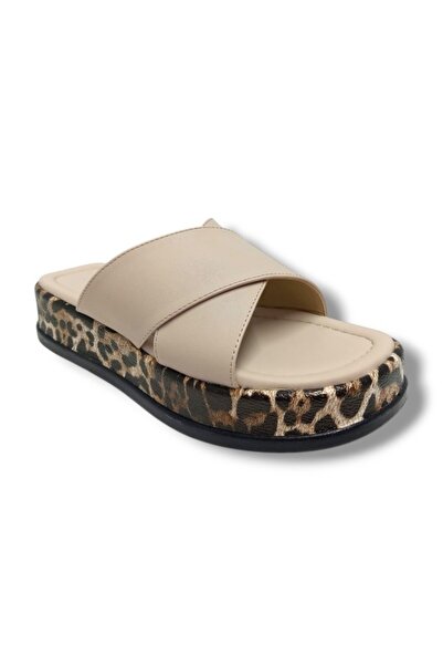 Efsun 3007-25 Leather Leopard Cross Band Anatomical Women's Slippers