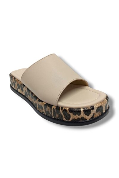 Efsun 3006-25 Leather Leopard Single Band Anatomical Women's Slippers