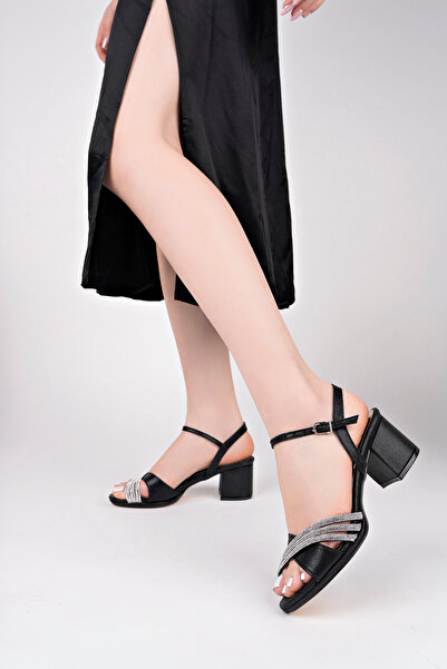 ARS GREEN SHOES KADIN SİYAH SİM BANT ÜZERİ 3 TAŞ PLATFORM TOPUKLU AYAKKABI