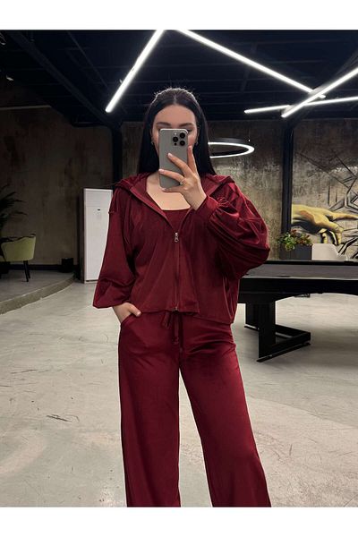 missswans Set de 3 piese din catifea de calitate premium Sandara - Roșu Claret