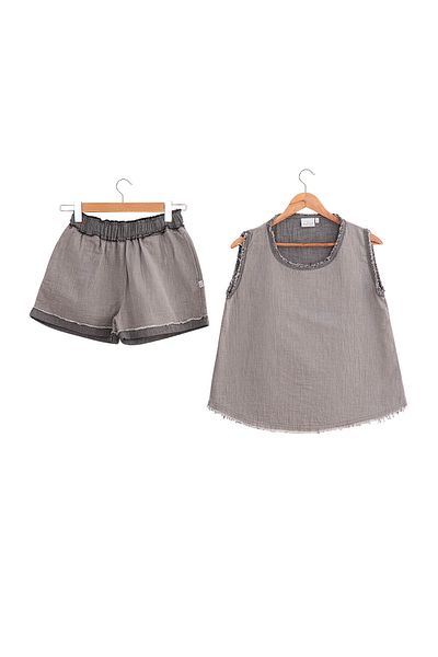 Ecocotton Set pijamale Melsa pentru femei - cu pantaloni scurți, 100% bumbac organic, muselină antracit