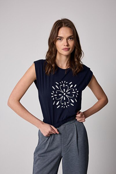 AMİDA Tricou bleumarin cu talie elastică - Broderie în față Model de bază 2507