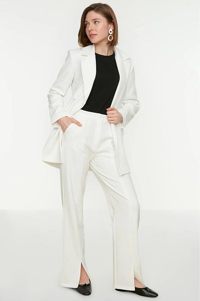 Saade Ecru High Waist Slit Detailed Pocket Trousers
