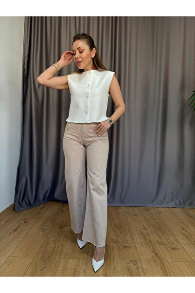 Size Özgü Bej Geometrik Taşlı Jean