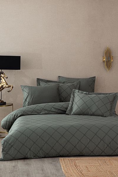 Ecocotton Mahfer King Size Duvet Cover Set 100% Organic Cotton Satin Embroidered Green 240x220 Cm