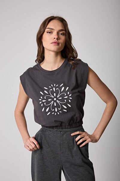 AMİDA Γυναικείο T-Shirt Anthracite Elastic Waist Padded Look Κεντημένο μπροστ...