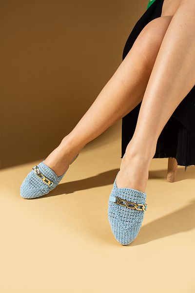 Ege's Shoes Women's Blue Lace Embroidered Buckle House Slippers Comfortable Sole Outdoor Slippers