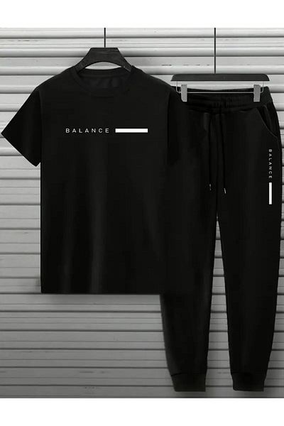 CAST COLLECTİON Men's Black Balance Printed Tshirt Black Summer Tracksuit Set