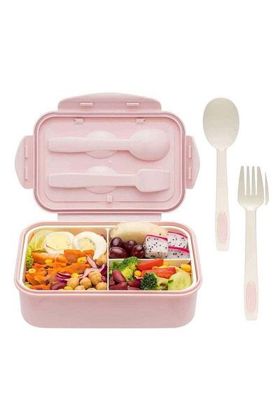 COOYA 3 Compartments Bento Boxes,1400 ML Leak Proof Bento Lunch Box with Spoon Fork and BPA Free（Pink）